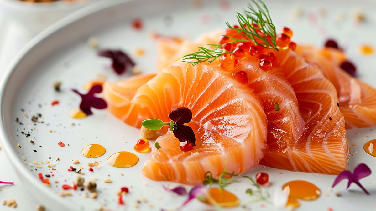 Fijn opgemaakt gerecht met zalm, kaviaar en bloemen